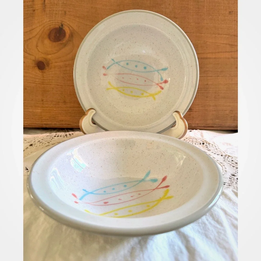 Vintage Harkerware Stone China Atomic Fish Bowls Set of 2 MCM Speckled 6.5 inch